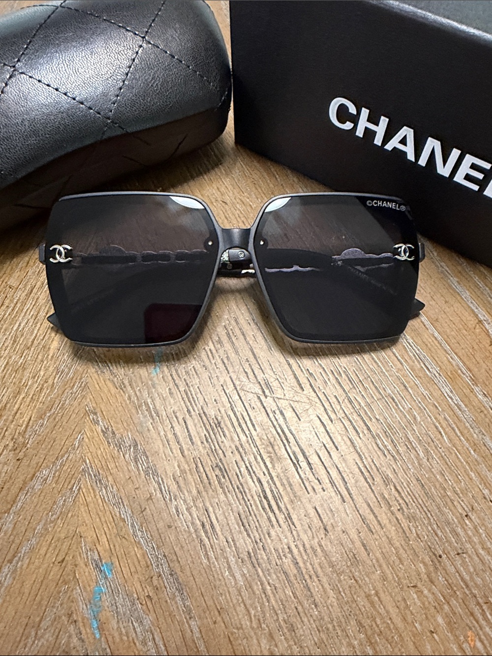 CHANEL Black & Silver Oversized Square Sunglasses with CC Emblem - Picture 4 of 10